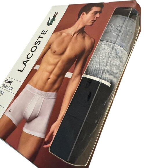 LACOSTE Men’s 2 Pack Iconic Pique Trunks Boxers Gray Black Size XL Supima Cotton - Picture 2 of 3